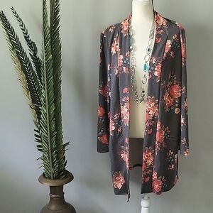 MOA Collection gray cardigan with coral & turquoise floral print-RUNS SMALL